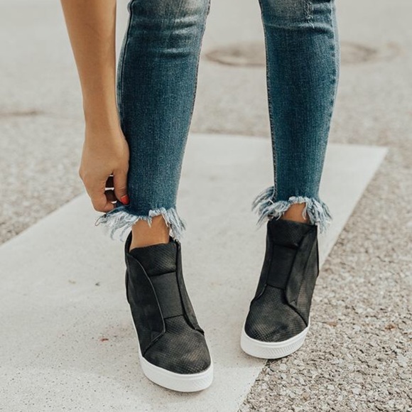 A Mermaid's Epiphany Shoes - Tegan | Faux Suede Pinhole Wedge Sneakers | Black